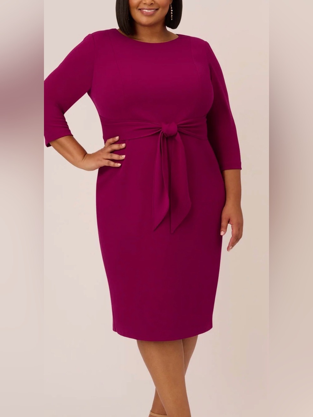 Adrianna Papell Knit Crepe Tie Waist Sheath Dress in Vibrant Wildberry Size 16W